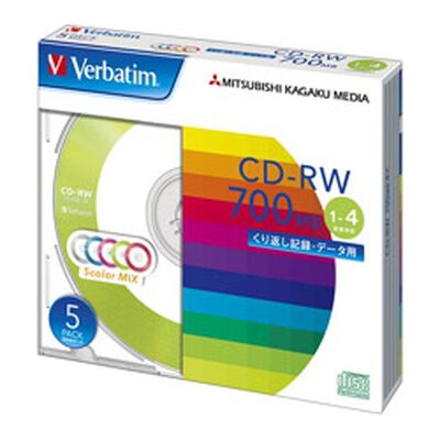 CD-RW 700MB PCデータ用 4倍速 5枚スリムケース入り カラーミックス